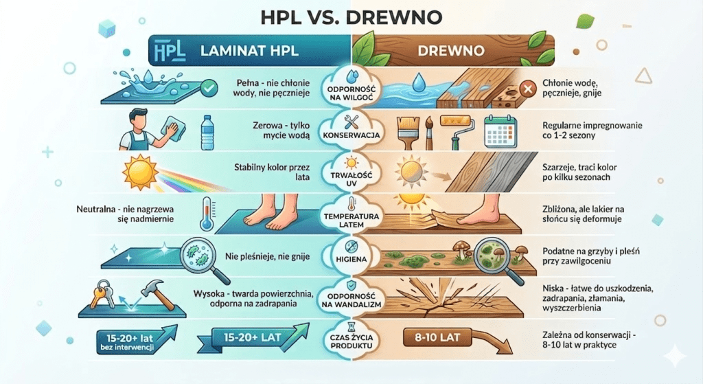 różnica między laminatem HPL a drewnem